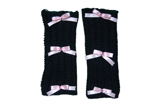MIMOSA FINGERLESS GLOVES ☆ (BLACK WITH PINK BOWS)