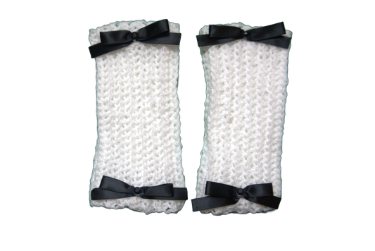 DELILAH SHORT ARM/WRIST WARMERS ☆ (WHITE WITH BLACK BOWS)