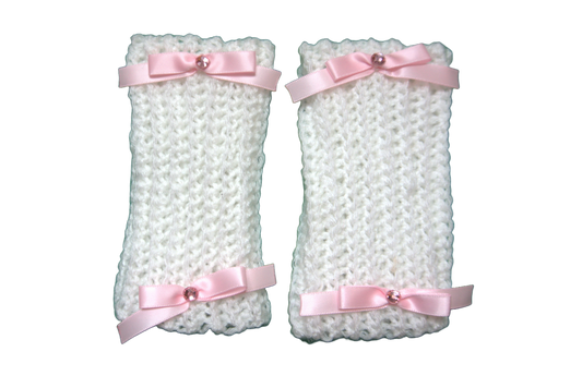 DELILAH SHORT ARM/WRIST WARMERS ☆ (WHITE WITH PINK BOWS)