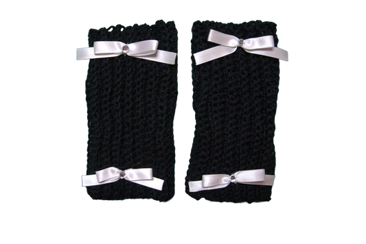 DELILAH SHORT ARM/WRIST WARMERS ☆ (BLACK WITH WHITE BOWS)