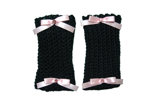 DELILAH SHORT ARM/WRIST WARMERS ☆(BLACK WITH PINK BOWS)