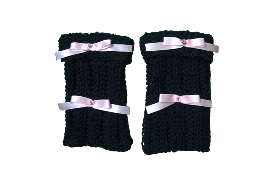 LAYLA SHORT FINGERLESS GLOVES ☆ (BLACK WITH PINK BOWS)